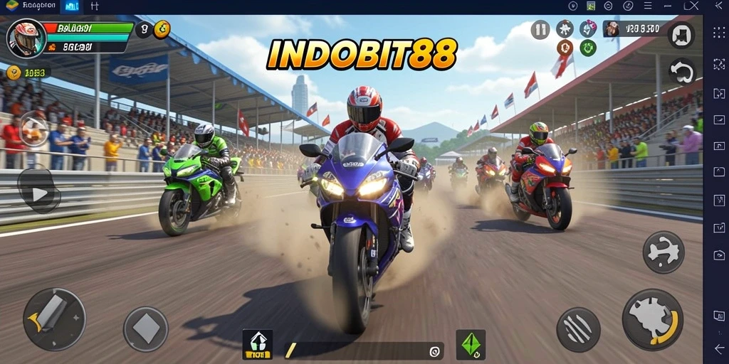 Screenshot INDOBIT88 menampilkan aksi balapan motor yang mendebarkan.