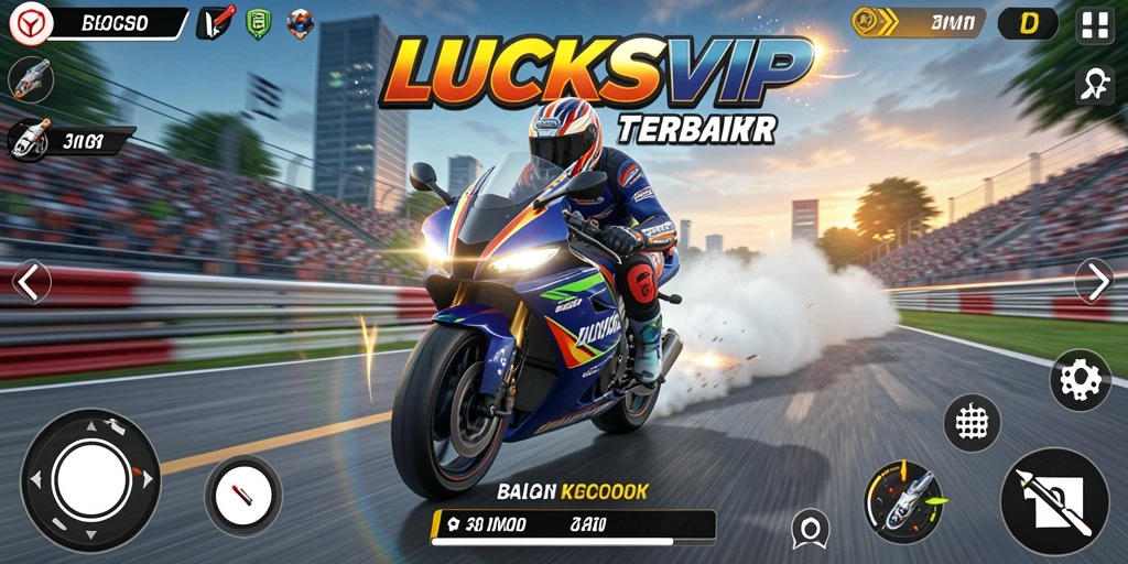 Tampilan gameplay penuh aksi dalam LUCKSVIP dengan motor balap yang cepat.